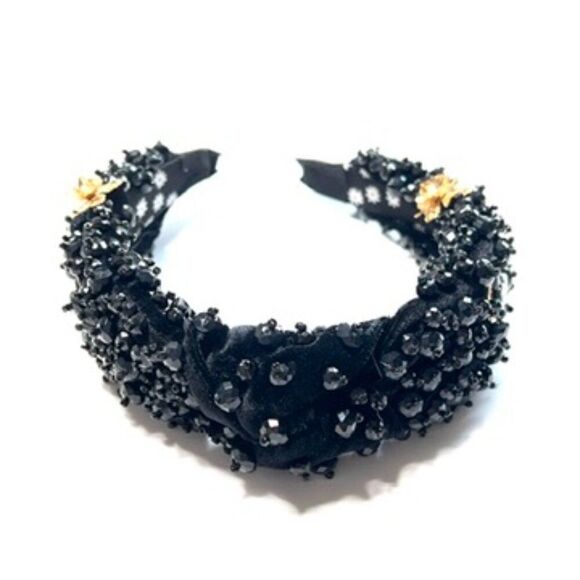 Statement Velvet Black Beaded Headband w/ Gold Cameo & Gem Embellisment - Picture 3 of 4